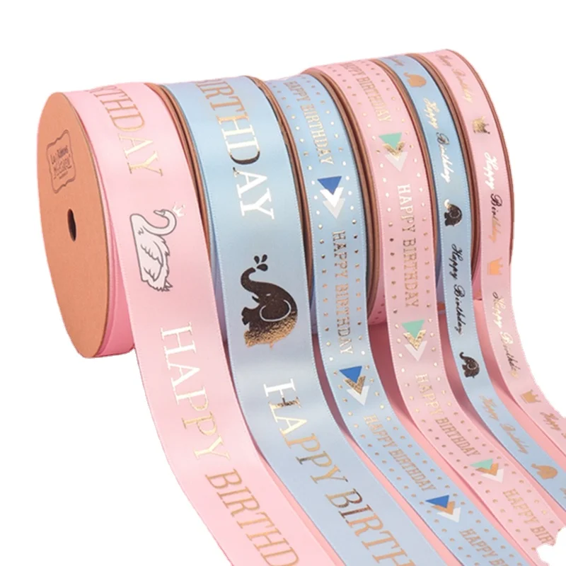 

Wholesale princess pink blue decorative gold print satin ribbon