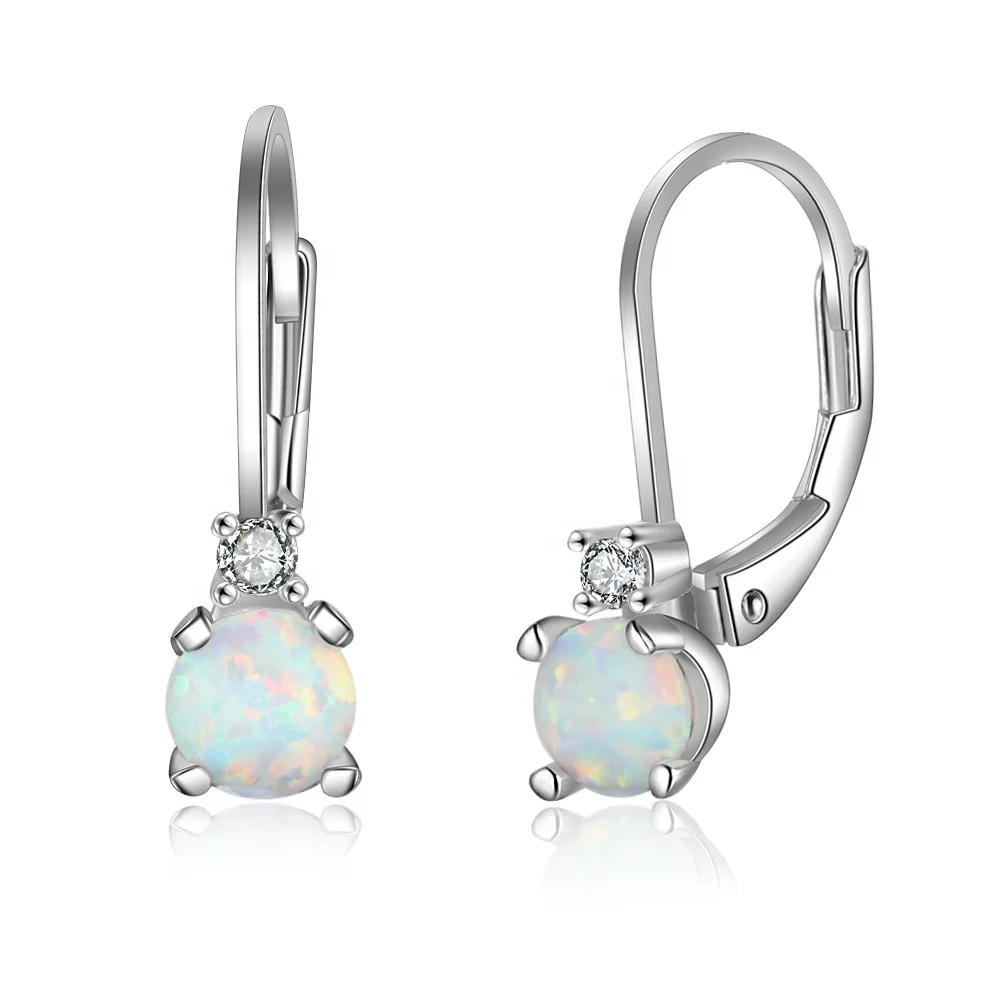

Fashion 925 Sterling Silver Rhodium Jewelry Round White Opal Lever Back Earrings