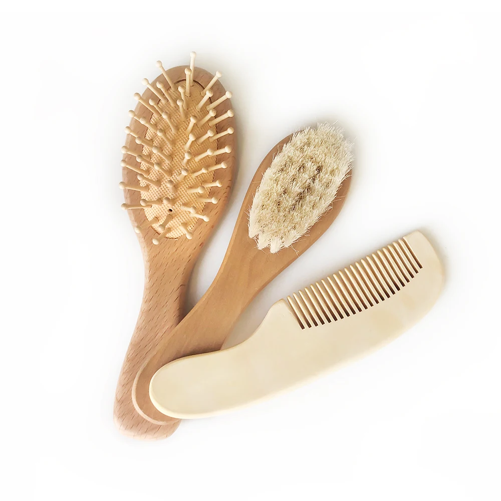 

3 In 1 Custom Logo Wholesale Natural Wooden Goat Bristle Baby Hair Brush Comb Set