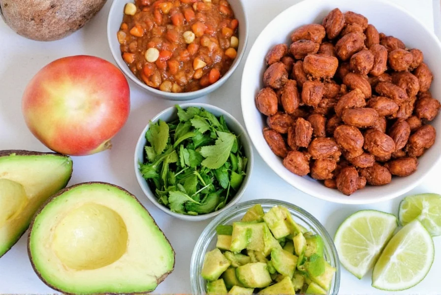 Variety of toppings for meatless chili including avocado, cilantro, and lime wedges