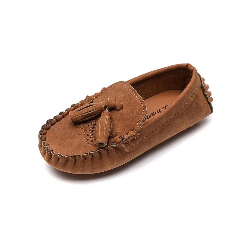 

Kids Casual Slip On Loafers Dress Flat Shoes, Brown/d.blue/beige