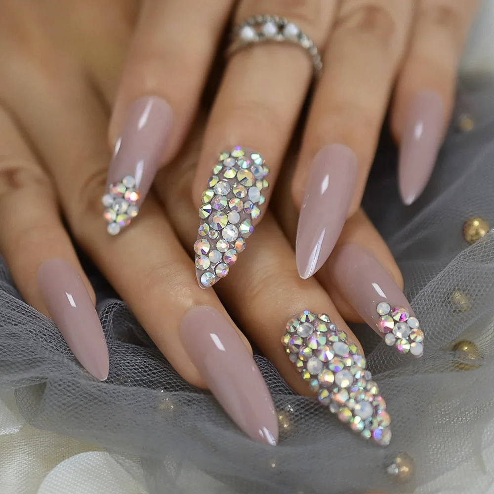 

Jewelry Nails Long Shiny Ballerina False Nails with Sparkling Rhinestones Pre-designed Nail Handmade Custom 24 Tips Kit