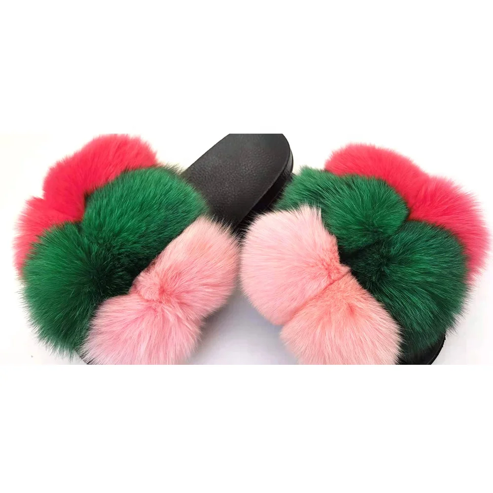 

Wholesale Custom American Hot Sale Women real fur Flat Shoes Fox Fur Slippers Slide, Customized color