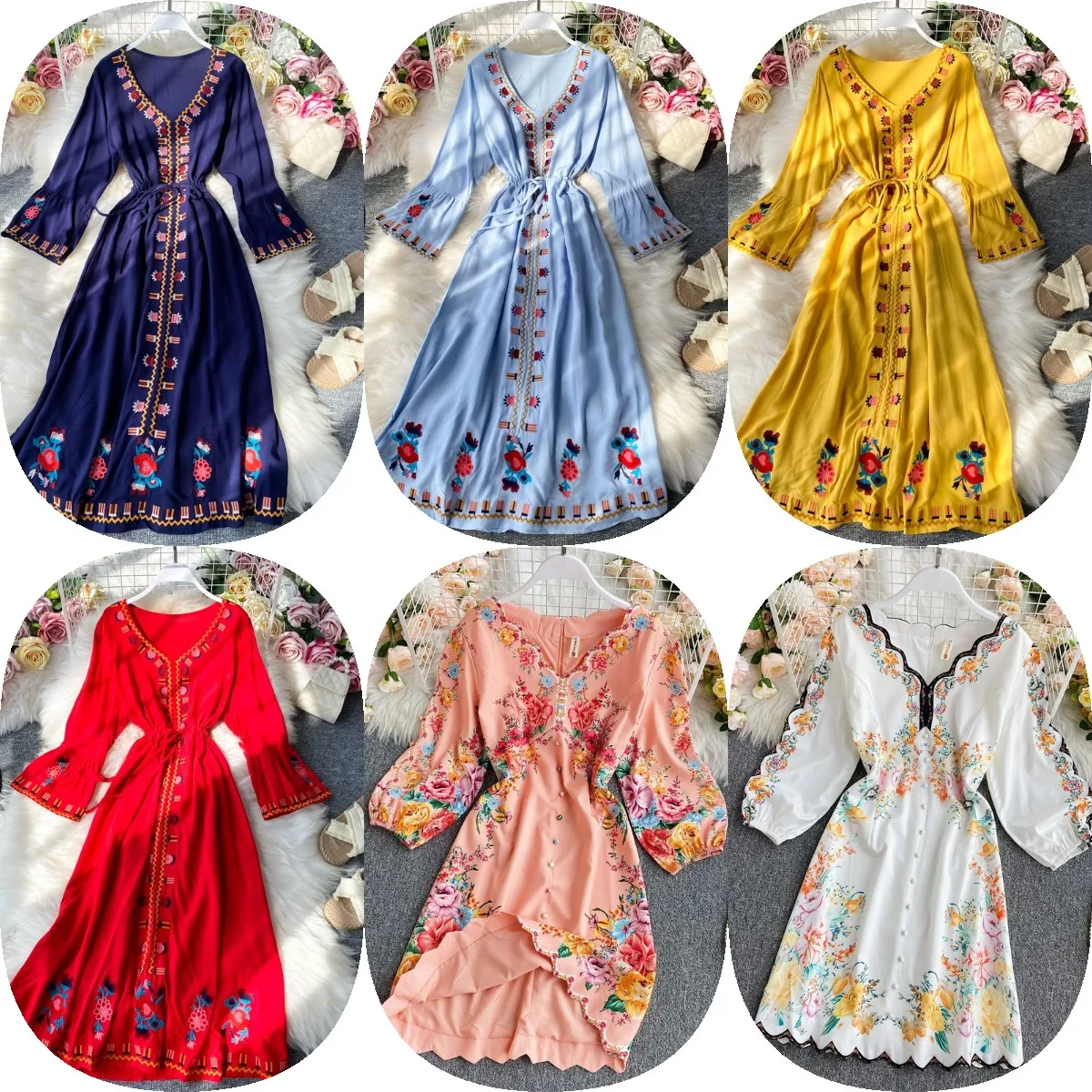 

2022 Summer Long sleeve V-collar Button Print Dress Full-length Dress