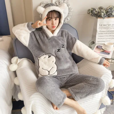 

Wholesale OEM female winter loungewear long length winter home wear women two-piece set flannel warm pajamas, Customized colors