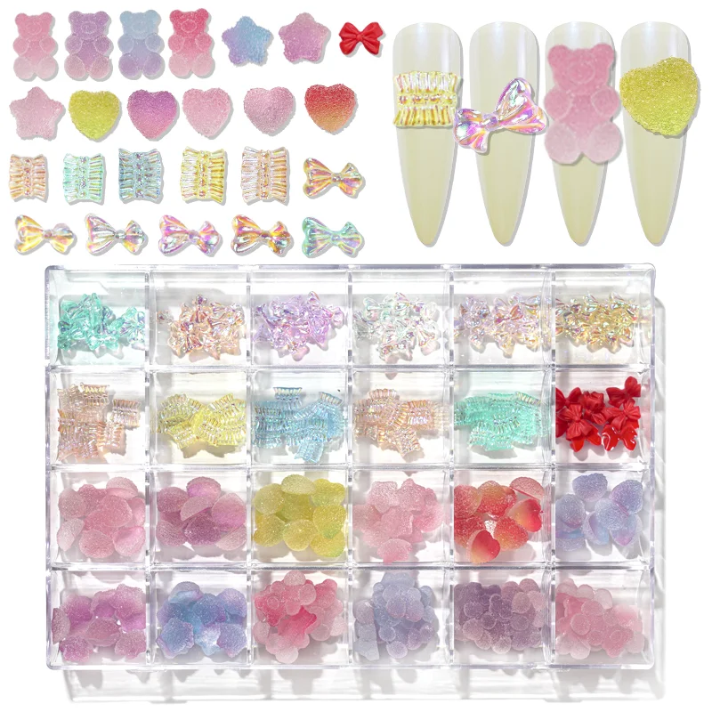 

24 Grids aurora crystal candy gummy bow bear heart nail decoration jewelry nail art rhinestones set