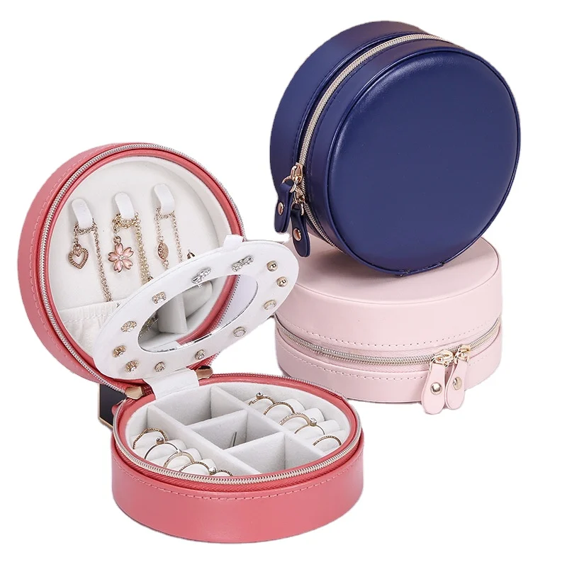 

wholesale round small jewellery storage boxes travel portable earring ring necklace organizer case luxury pu leather jewelry box, Pink,red,blue