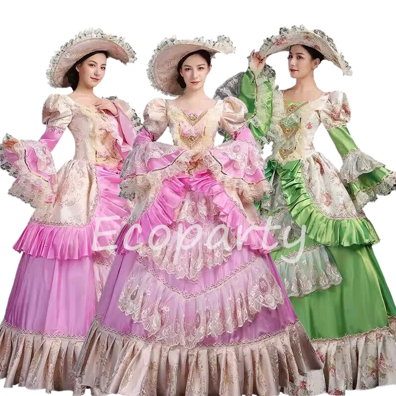 

Elegant Pink Green Floral Renaissance Victorian Party Dress Long Medieval Marie Antoinette Princess Rococo Costume For Women