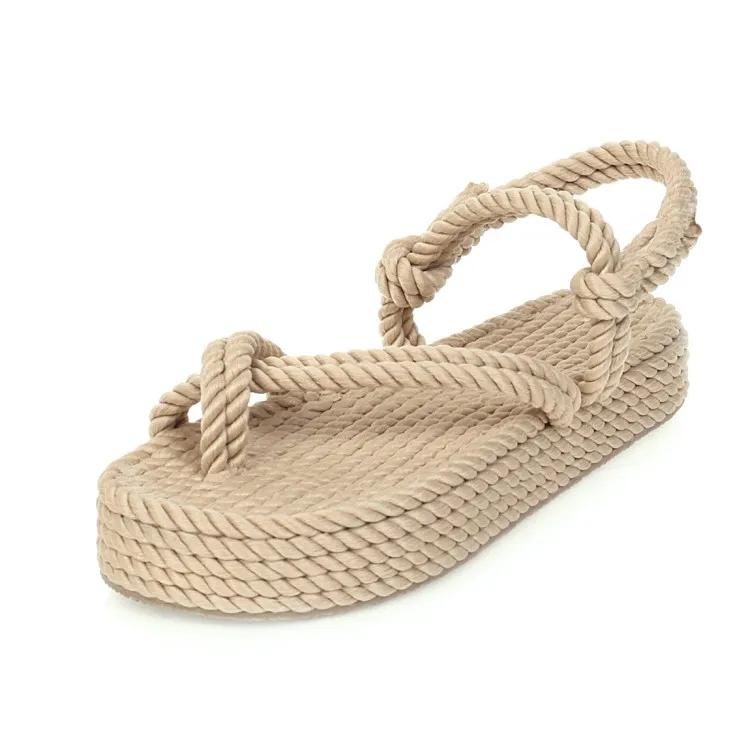 

Thick Sole Casual Style Braid Rope 2021 New Arrival Fashion Shoes Women Platform Sandals, Black, apricot