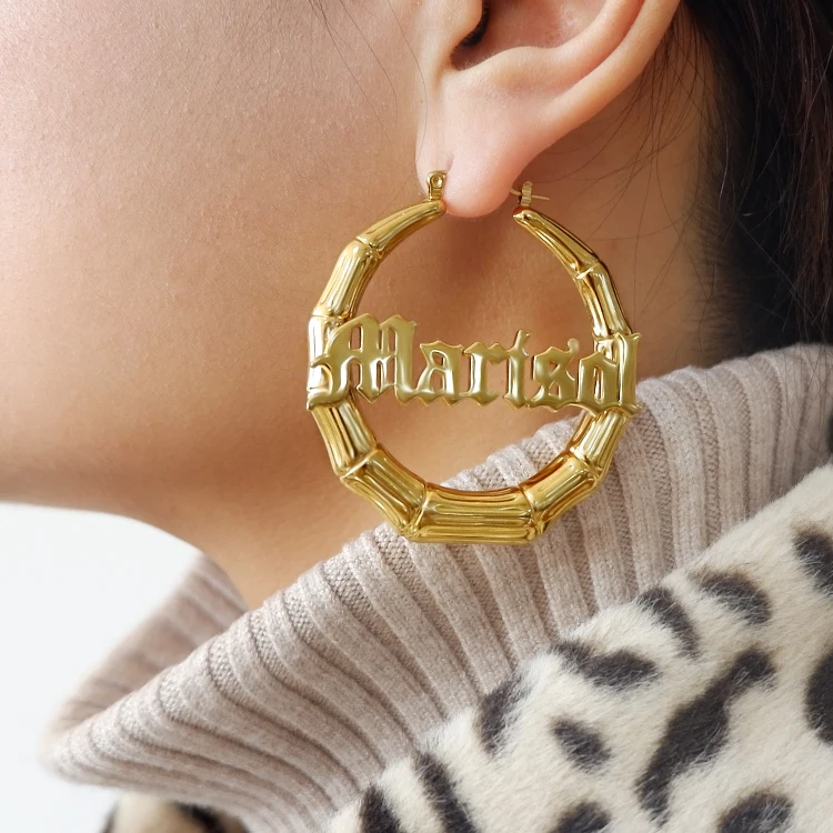 

18k gold plated custom stainless steel bamboo hoop earrings for women, Gold plated, silver plated