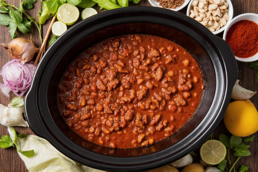 Slow cooker filled with rich venison chili, steam rising, surrounded by fresh ingredients including ground venison, diced onions, garlic, and spices