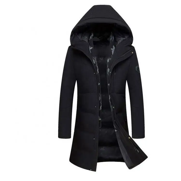 

Ready to ship fast wholesale mens long white duck down hooded Winter jacket, Black