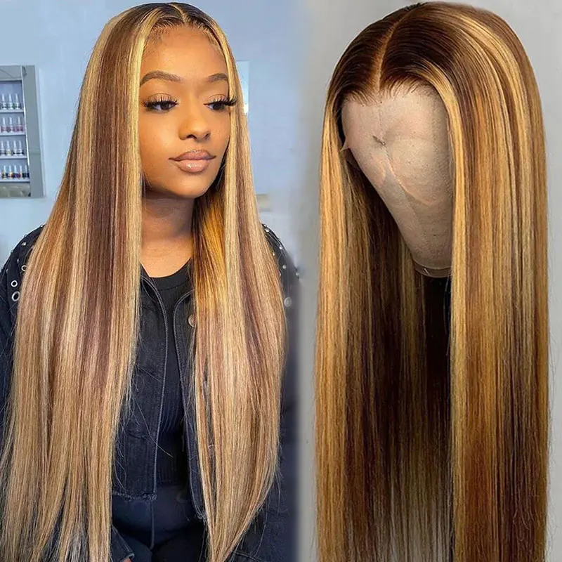 

brazilian hair wigs for black women highlight natural straight hair transparent lace wig wholesale human hair lace front wigs, 4/27#