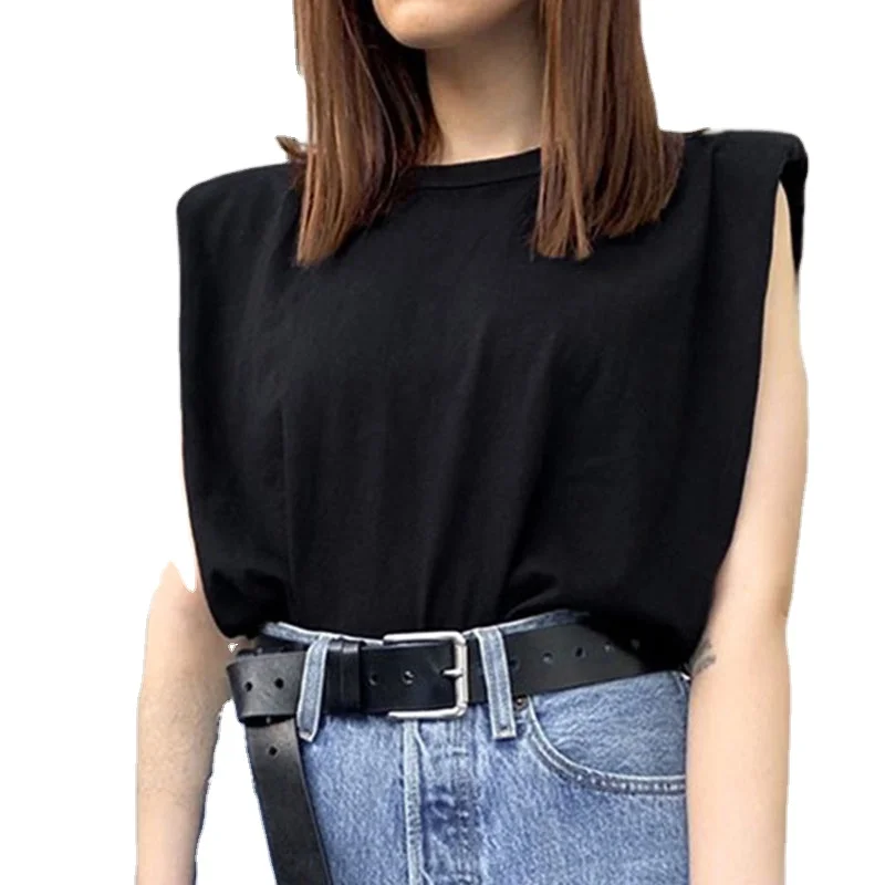 

Summer Women Loose Solid O Neck Pad Shoulder Casual Elegant Sleeveless Top O Neck White Blouse Shirt Vest, Black, white, khaki, army green, brown