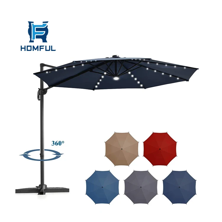 HOMFUL Garden Umbrella 10 ft Solar LED Patio Cantilever Offset Umbrella with 360 Degree Rotation