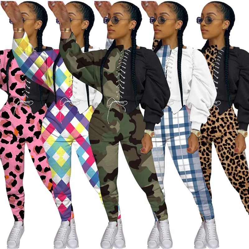 

20811-SW26 bandage leopard contrast color plus size women sets two piece sehe fashion, 5 colors