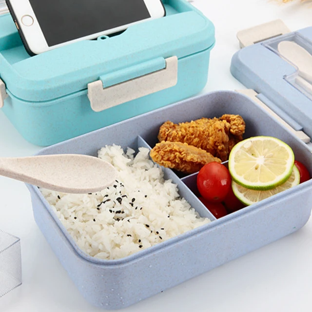 

Biodegradable Lunch Boxes plastic Food Container Wheat Straw Bento Box with Wheat Straw or Stainless Steel Spoon Fork set, Customized color
