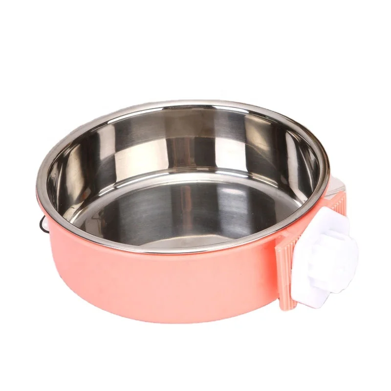 

Secure pet cat dog food feeder cage hanging food water detachable assemble feeding bowls for pet stainless steel bowl, Blue pink green
