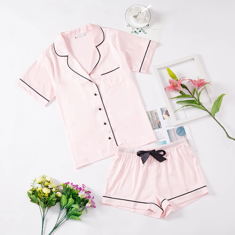 

Hot Summer Women Short Pajamas Elastic Waist Lapel Short Ladies Sleepwear Pajamas Set Wholesale, Custom color