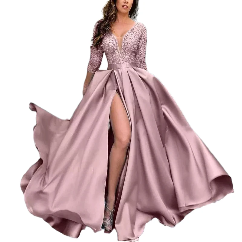 

2021 Luxury Sexy V-neck Long Sleeve Dress Fashion Sexy Lace Evening Dress