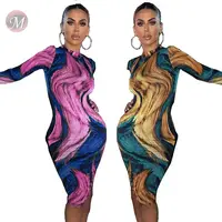 

9121202 hot selling long sleeve round neck printing wrap hip sheath Bodycon Ladies Sexy Dress