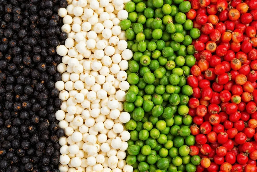 Comparison of black, white, green, and red peppercorns showing different processing stages from the same Piper nigrum plant
