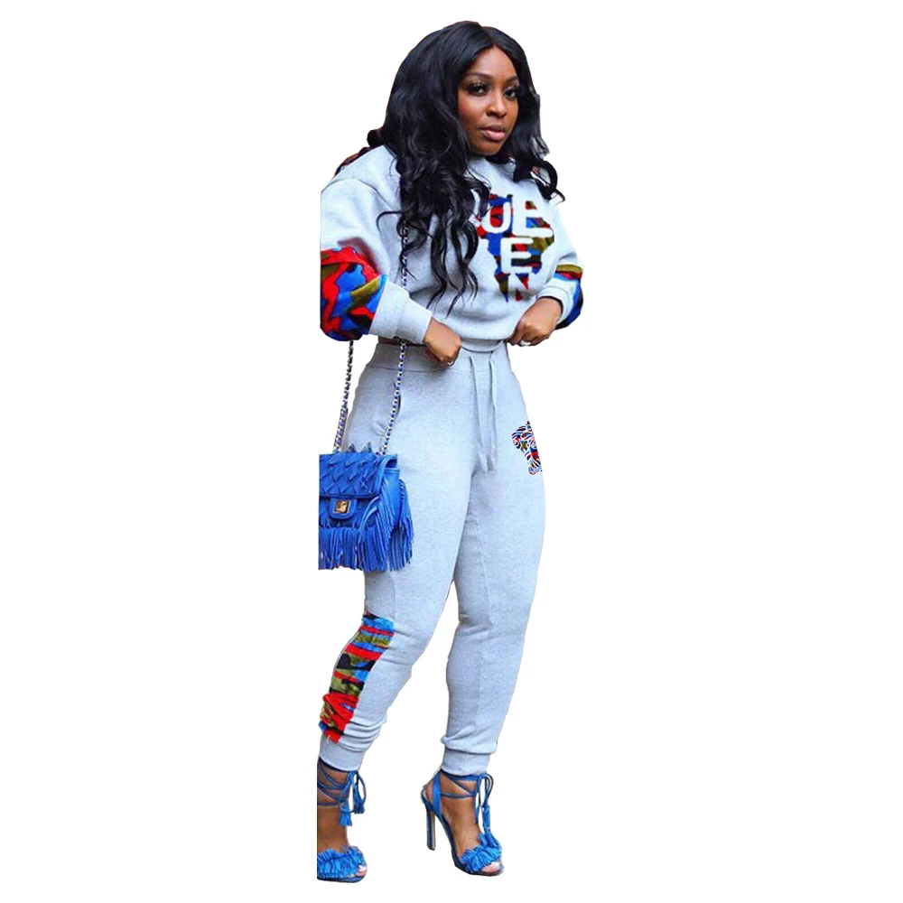 KCHG5305  Woman Camouflage Digital printed two-piece women joggers suits set with pocket bell bottom pants