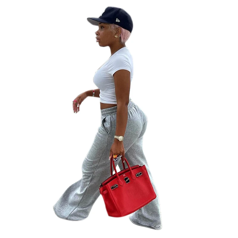 

MS525 Casual Solid Gray High Quality Sweatpants Loose Low Waist Wide Leg Trousers Women Ladies Long Jog Pant, Picture