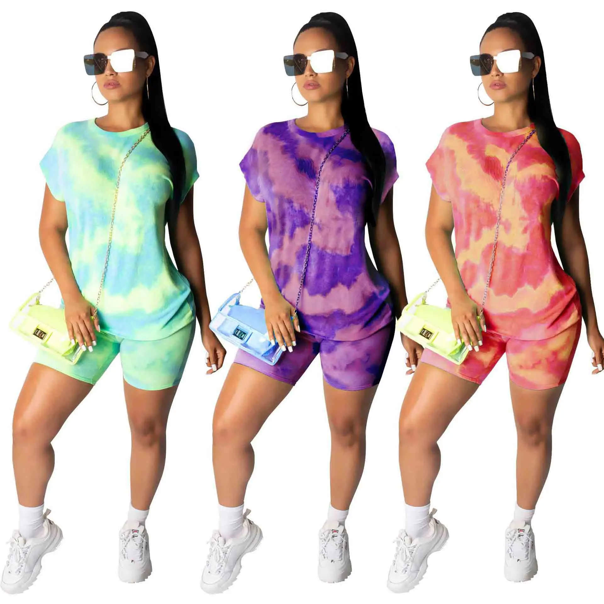 

plus size tie dye t-shirt two piece outfits women short Set, Red, purple, green