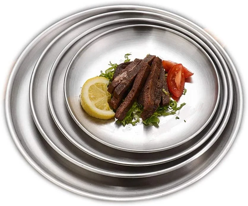 

Reusable Brushed Metal 18/8 Dinner Plates Silver Color Heavy Duty Round Metal Plate