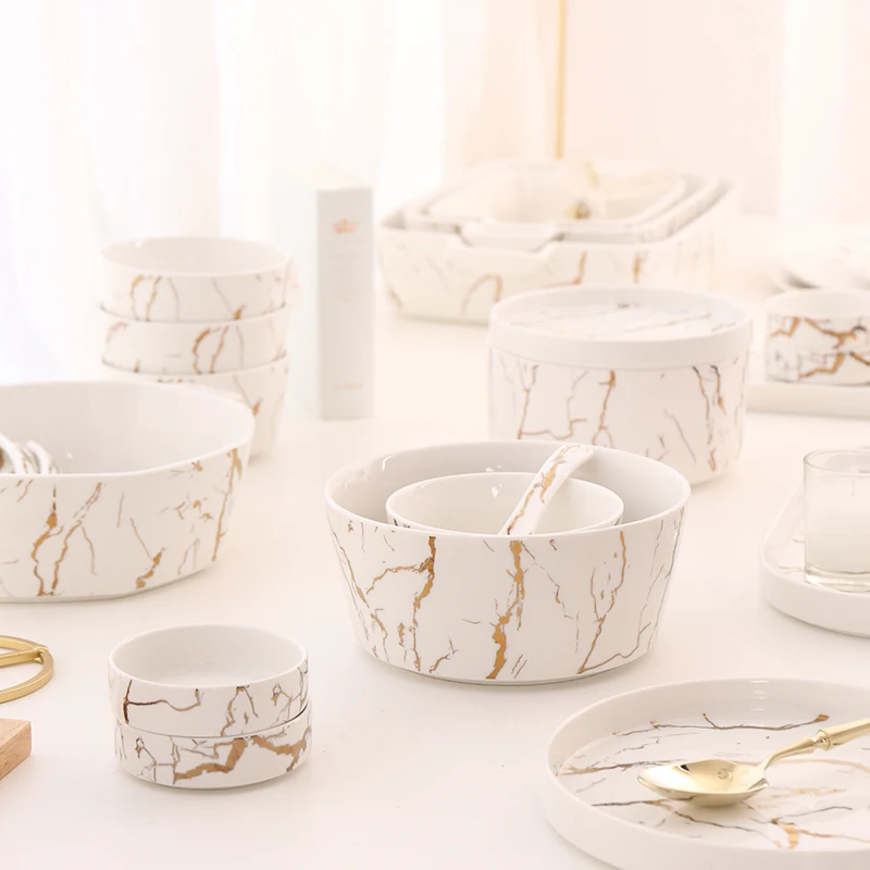 

2020 new products european style porcelain gold Dinnerware Set marble dinner set luxury tableware for weddings