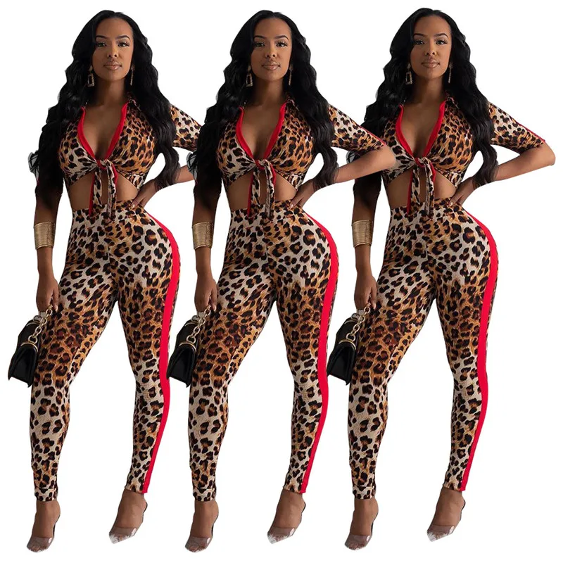 

Wild women clothing autumn leopard print over chest bandage two pieces sets skinny pencil pants for women FM-NK039, As picture