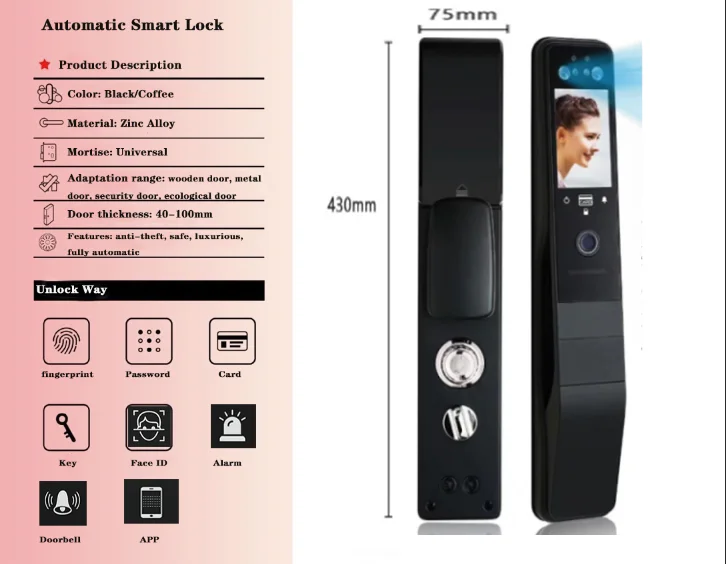 Smart Face Recognition Intelligent Fingerprint  Security Door Lock Tuya APP Passcode WIFI Smart Card Key Door Lock