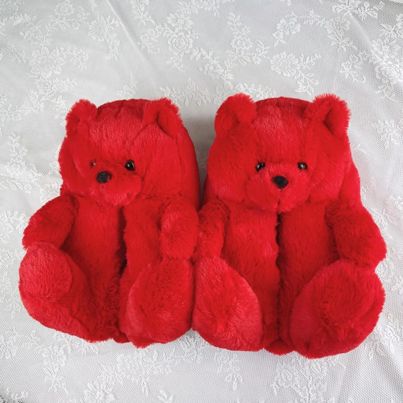 

Wholesale good quality women's red color warm indoor home fashion cartoon fur teddy bear slippers matched onesie, Picture showed