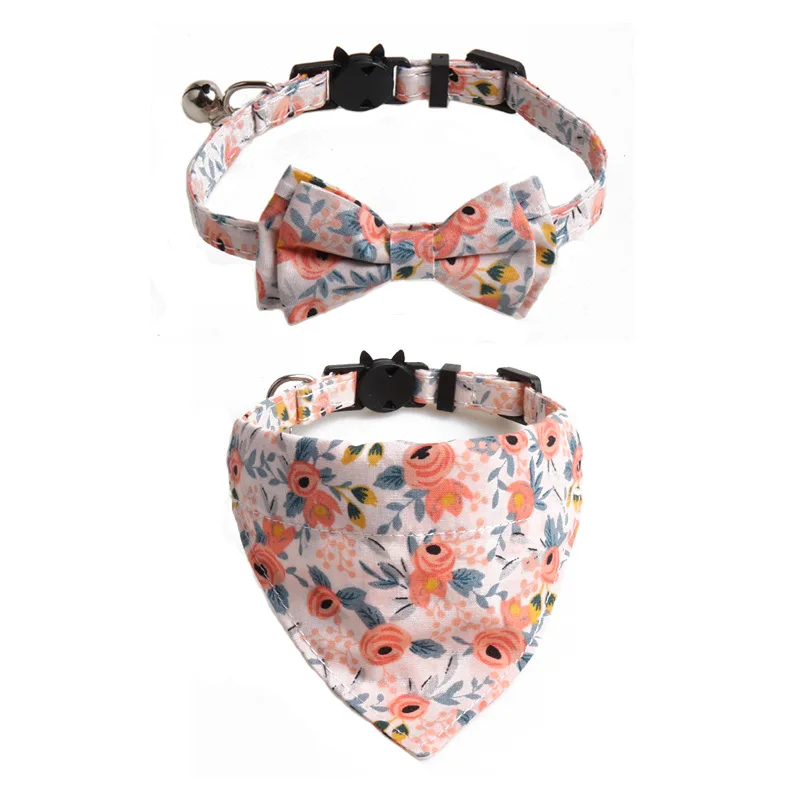 

Custom OEM Pet dogs cute scarf triangular bandanas dog collar set pet with bell metal buckle