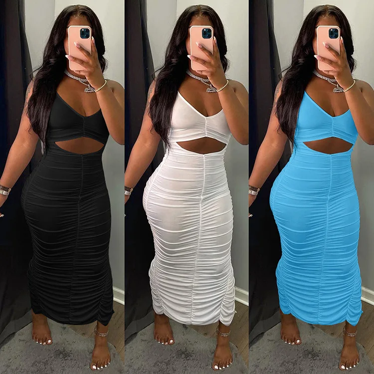 

H6629 - fit fashion sexy sleeveless solid pleated women maxi dress