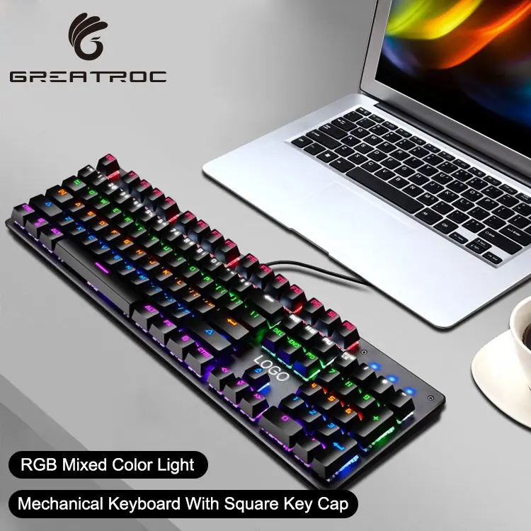 

Great Roc square keycap 104 keys blue switch gaming mechanical keyboard mix color RGB backlit wired keyboard, Black