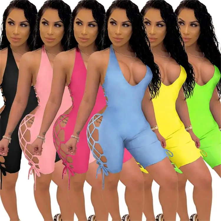 

Fashion Lady Rompers Plain Color Backless Hollow Out Strap Short Club Wear Sexy Summer Women Jumpsuits, Picture