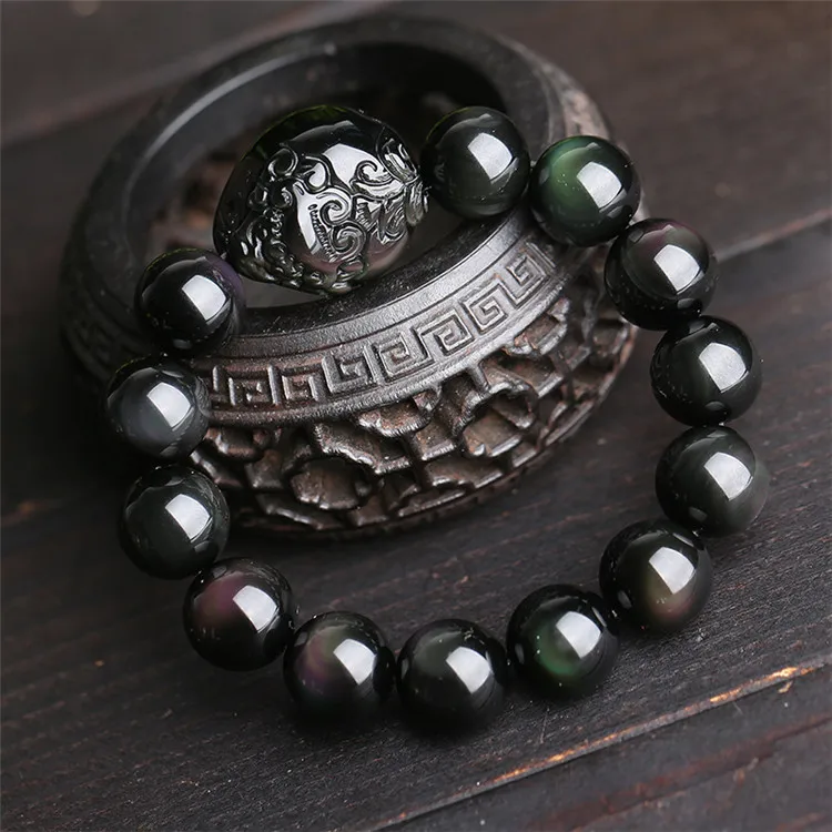 

Nature Stone Wealth Bracelet Feng Shui Pixiu Obsidian Bracelet Men Beads, Black