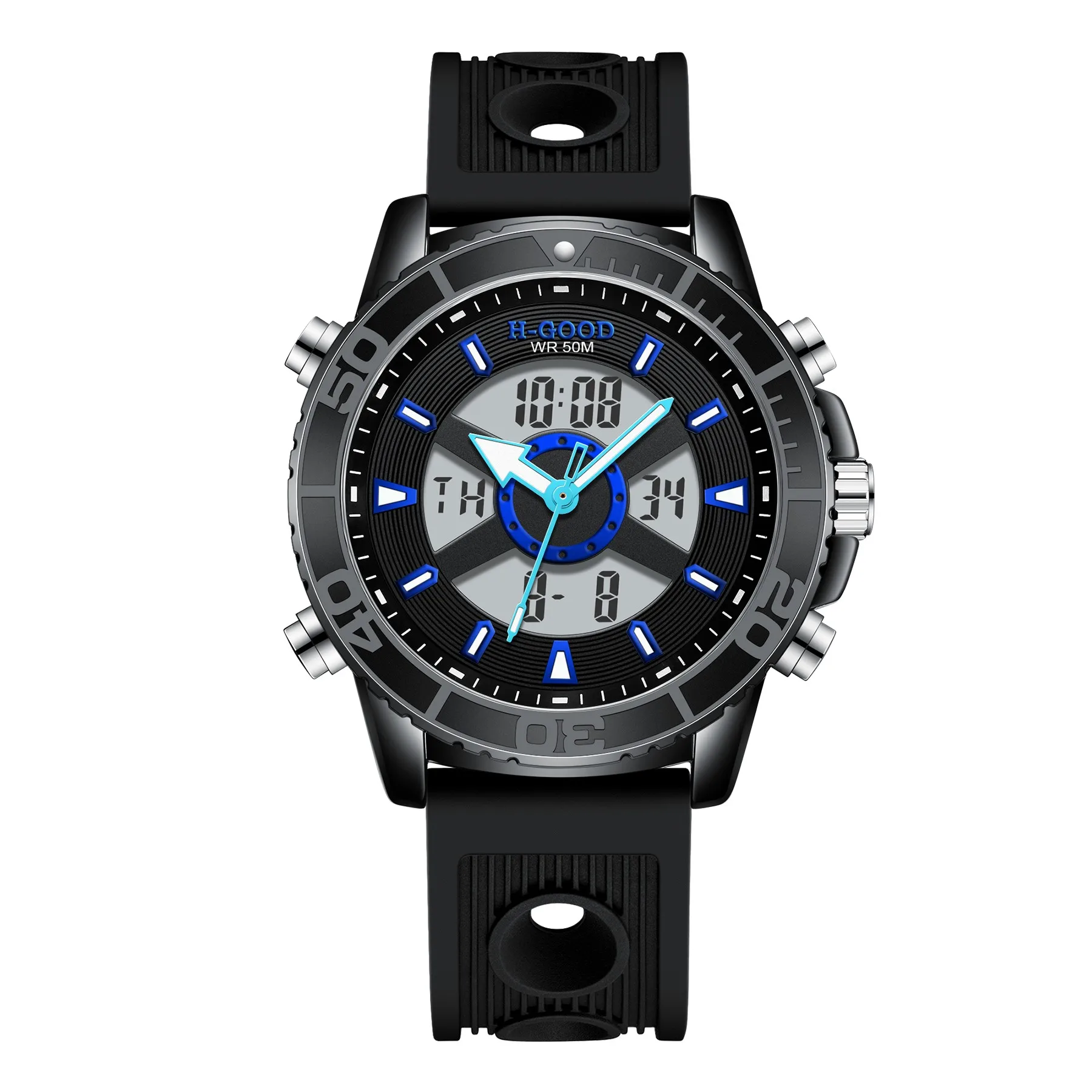 

H-GOOD TK-0005 Dual Display Men'S Digital Watch Silicone Strap Men Sport Watch, 3 colors