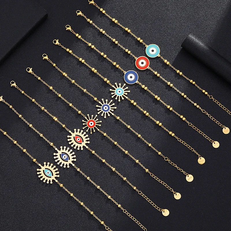 

High Quality 18K Gold Plated Titanium Steel Evil Eyes Bracelet Blue Turkish Evil Eyes Stainless Steel Bracelet For Women, Rose gold color