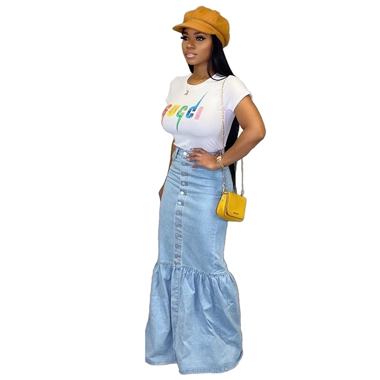 Single Breasted Ruffled Blue Denim Maxi Long Jean Skirts For Women