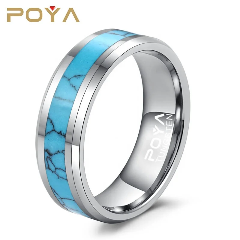 

POYA Jewelry Men's Women's 8mm High Polished Tungsten Carbide Turquoise Inlay Wedding Band Rings