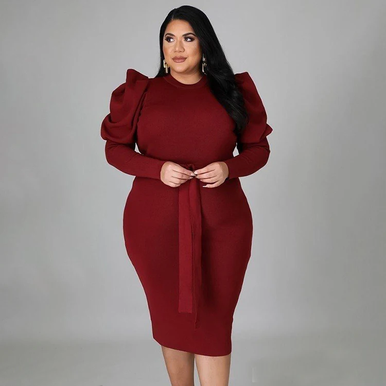 

2021 Fall Women Plus Size African Fashion Clothing Korean Office Wear Puff Long Sleeve Dresses Solid Plus Size Sheath Dress, Wine red,black