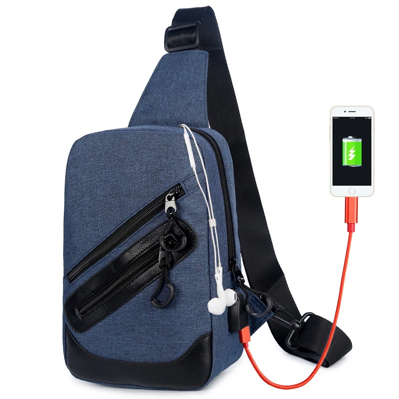 

New Style Sling Crossbody Bag Canvas and PU Splice Zip Open Slanting Pocket Chest Bag Women USB Charging Canvas Shoulder Bag, Black,gray,dark blue