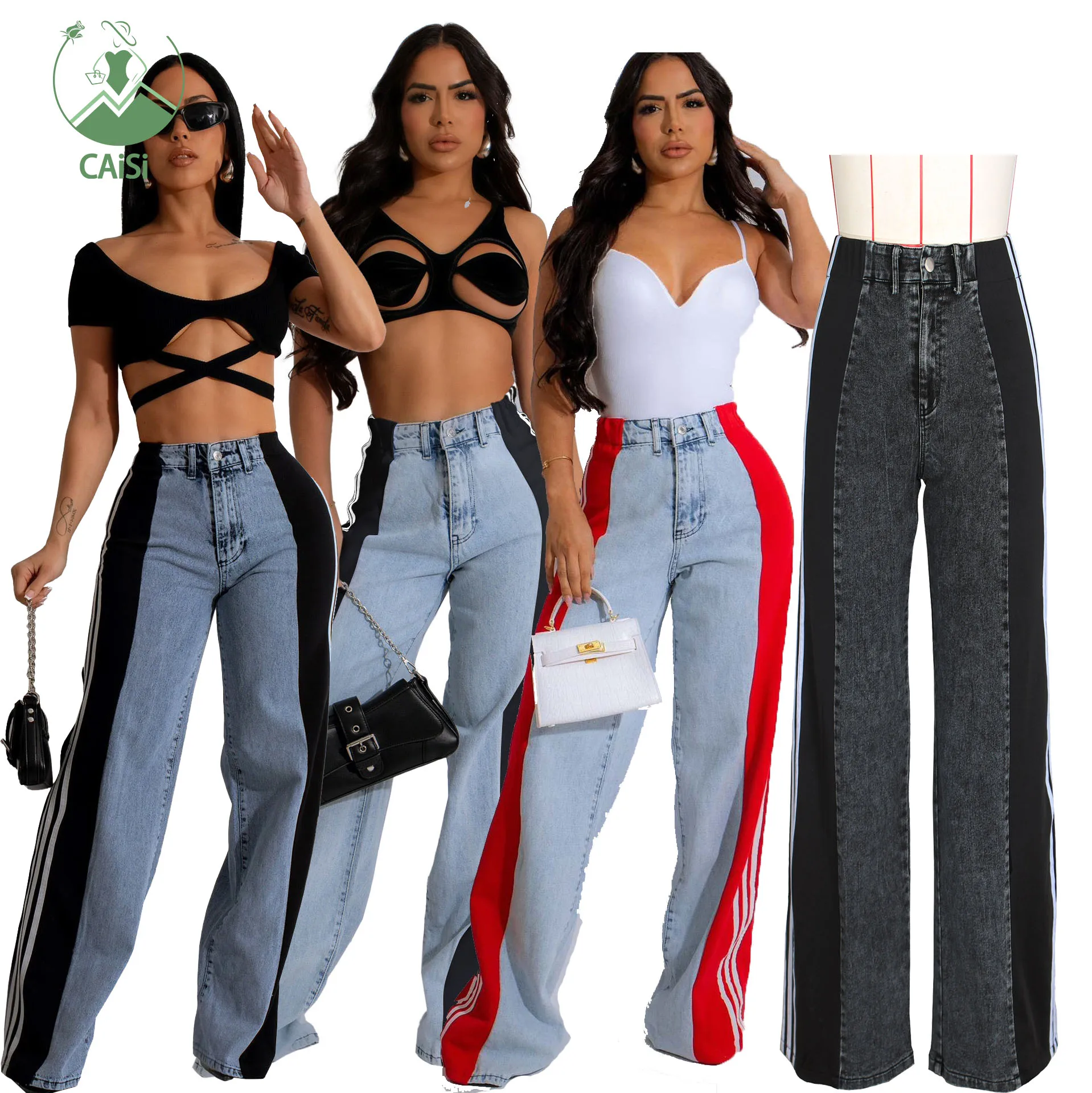 Hot Side Striped Jeans Women's Pants 2024 Fall Clothing Trendy High Waist Patchwork Wide Leg Pants Straight Denim Tourse