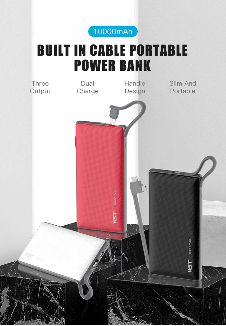 WST Promotional Gift Dual Input Output Power Bank 10000mah Powerbank with Built in Cable