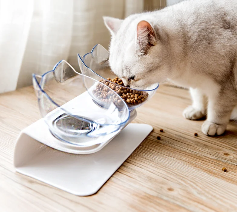 

Explosive Double Bowl Cat Bowl Transparent PC Material Non-slip Food Bowl With Protection Cervical, White