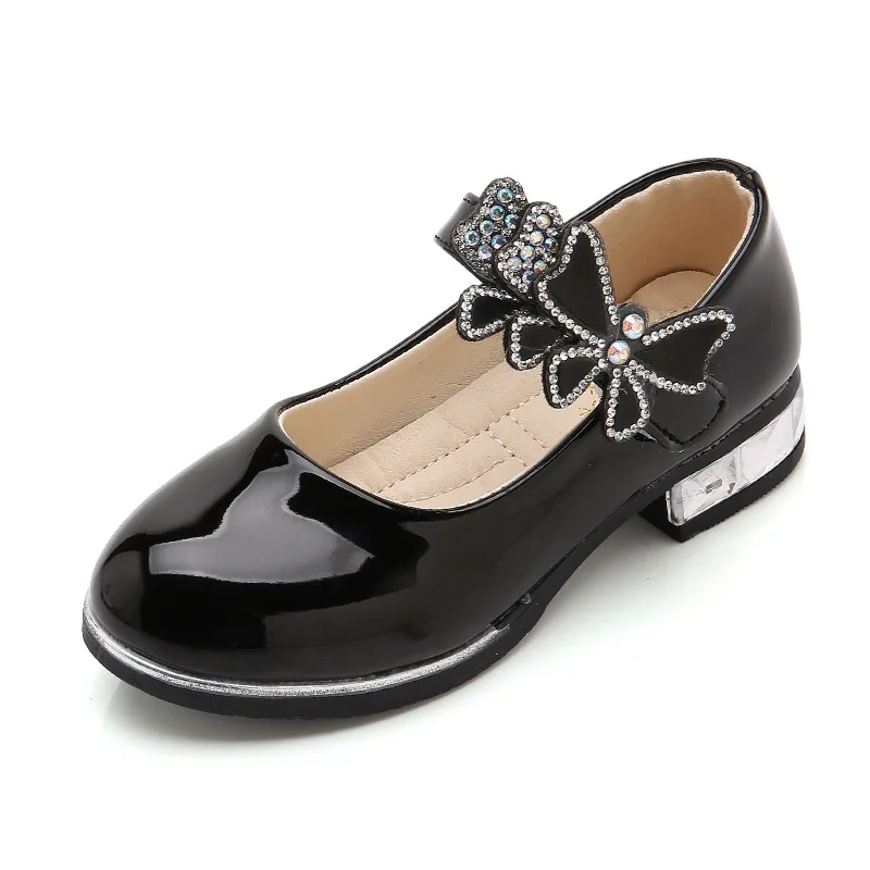 

Round toe Spring Autumn Princess Diamond teen student Kids bow Pump Nude Dress Dancing Party Leather Girls Shoes for children, Black/pink/white