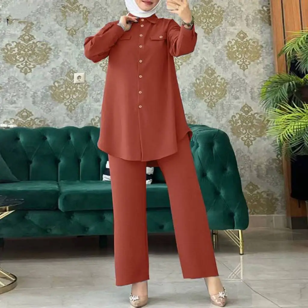

2023 New Arrival dubai solid color long sleeve wooden buckle pocket cover shirt and pants casual 2 piece set muslim women